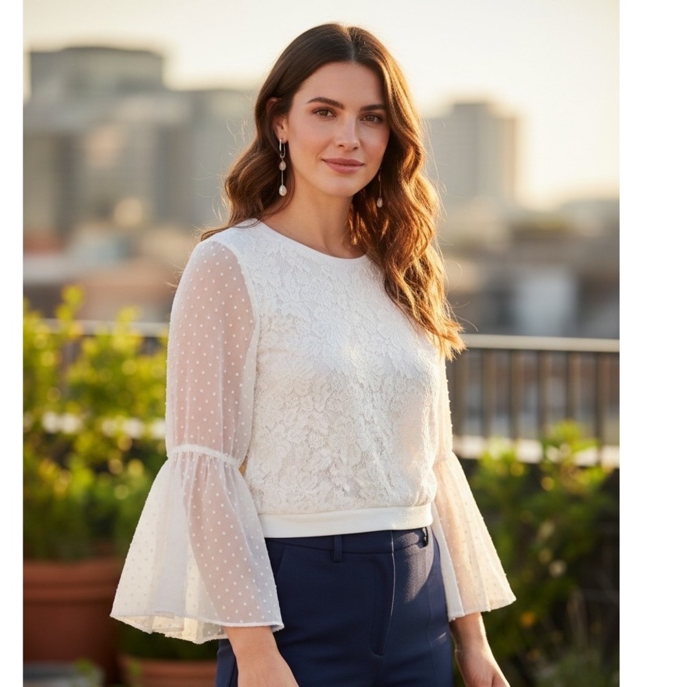 Free People White Floral Lace Swiss Dot Bell Sleeve Blouse Top Ivory Medium